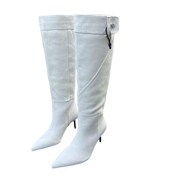 Zara Women Denim High Heel Knee High Pointed Toe Boots Beige Size EU 35 US 5 - Picture 3 of 14